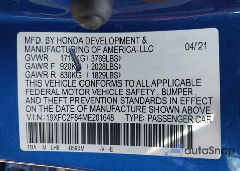 2021 Honda Civic Sport z USA, uszkodzony, nr VIN 19XFC2F84ME201648